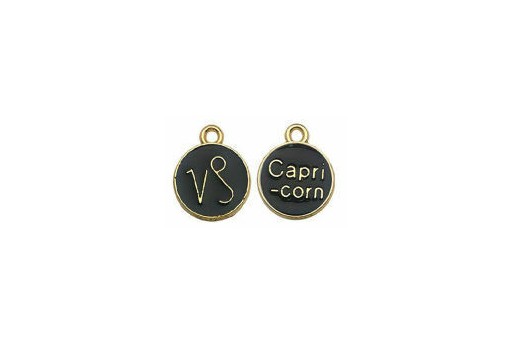 Round Black Enameled Zodiac Charms - Capricorn 15x12mm - 1pc