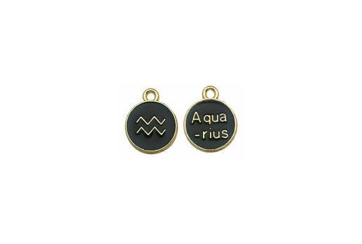 Round Black Enameled Zodiac Charms - Aquarius 15x12mm - 1pc